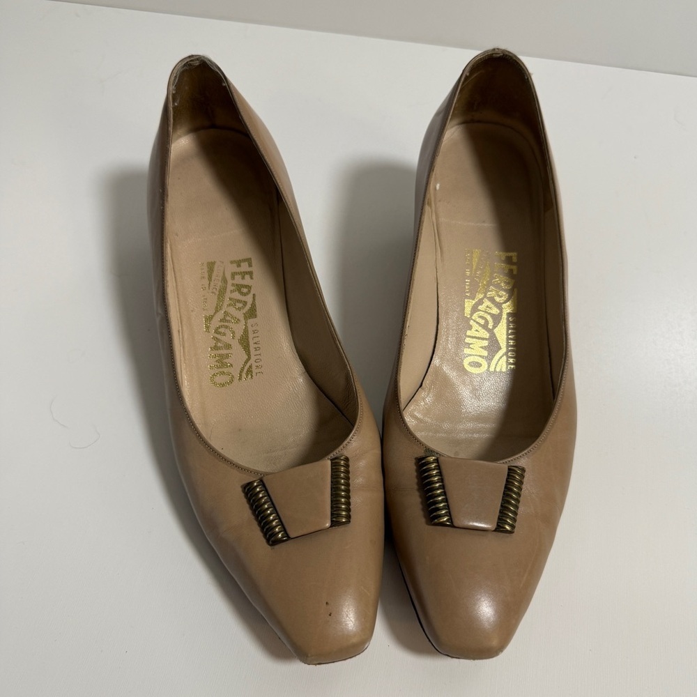 Vintage Salvatore Faragamo Square Toe Leather Kitten Heel Shoes -